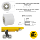 D82x70mm White Tandem Load Roller - D20mm Bearings - Dimensions BCF Handling